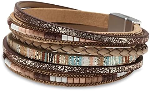 Fesciory Leather Wrap Bracelets for Women, Boho Leopard Multi-Layer Crystal Beads Cuff Bracelet Jewelry