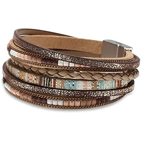Fesciory Boho Leather Wrap Bracelet with Crystal Beads Cover