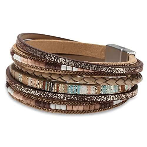 Fesciory Leather Wrap Bracelets for Women, Boho Leopard Multi-Layer Crystal Beads Cuff Bracelet Jewelry