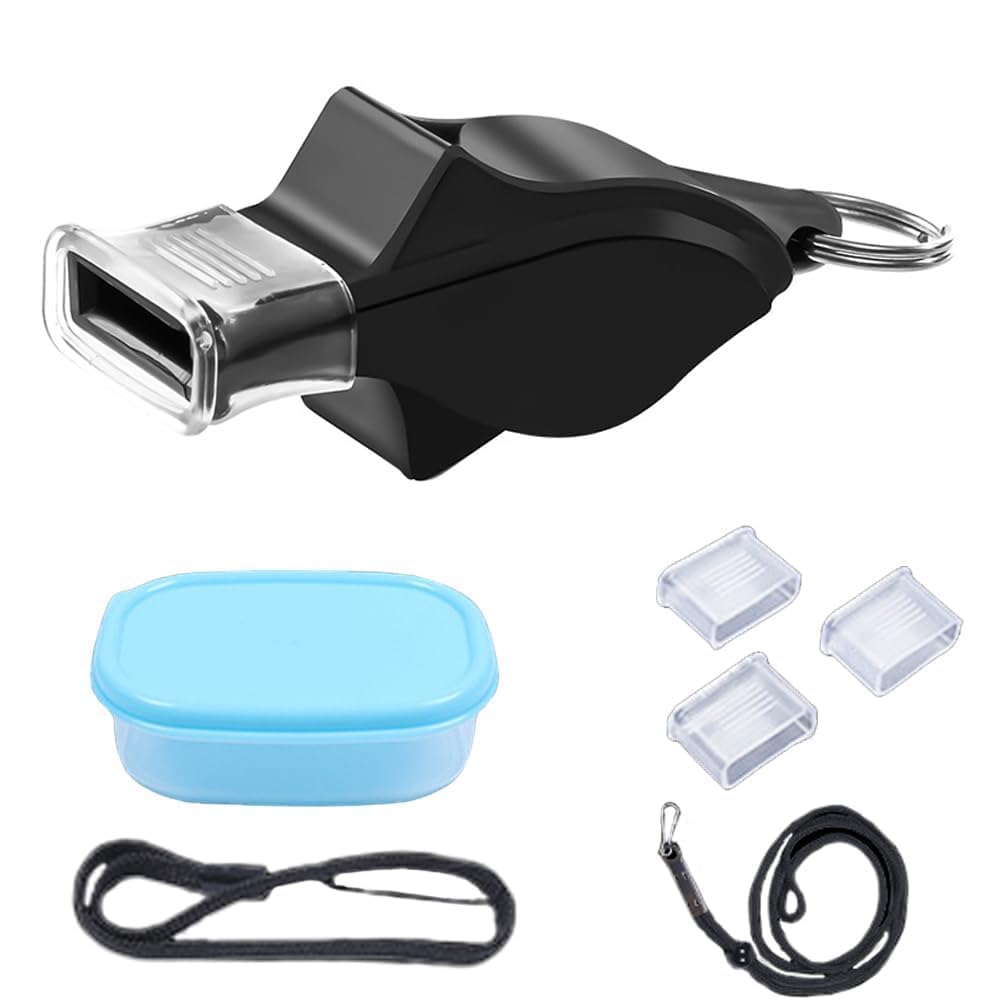 Sports Safety Whistle with Lanyard, Mouthpiece Covers & Storage Case, Professional Coach Referee Emergency Whistle Kit (Black)-image-31