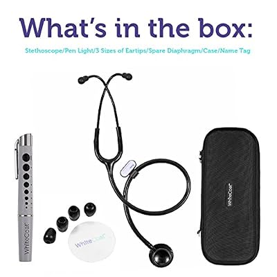 White Coat Dual Head Stethoscope, Lightweight and Acoustical with Protective Case Jet Black Plus LED Pen Light Pupil Gauge