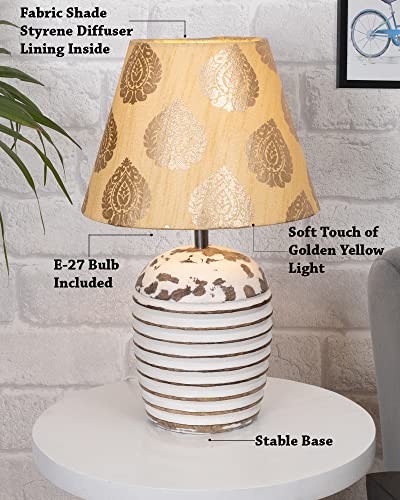 Image of Homesake Wooden Table Lamp for Bedroom | Bedside Lamp with Fabric Shade | E27 Holder with Bulb Included | Warm Light Night Lamp for Living Room, Study Table & Home Decor, Gold Leaf Shade