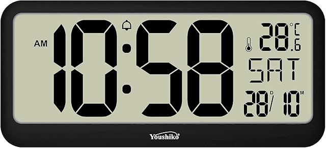 Youshiko Radio Controlled ( Official UK & Ireland Version ) XXL 14.76'' Jumbo LCD Silent Wall Clock with indoor Temperature Display ( Clock Size: 37.5 x 16.5 x 2.5 cm )