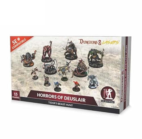 Dungeons & Lasers: Horrors of Deuslair - 15 miniature con basi sceniche - Set di statuette DND per giochi di ruolo da tavolo 5E compatibili, non verniciate e smontate, età 14+