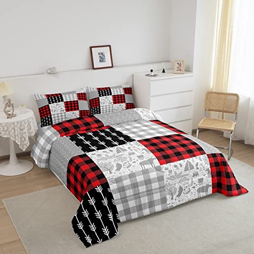 Buffalo Plaid Bedding Set Twin For Boys Girls Woodland Theme Comforter Set, Deer Fox Rabbit Wildlife Farm Animal Zoo Down Comforter,Camping Geometric Arrow Stripes Quilt Set Decor, Red Black Grey #TOP1