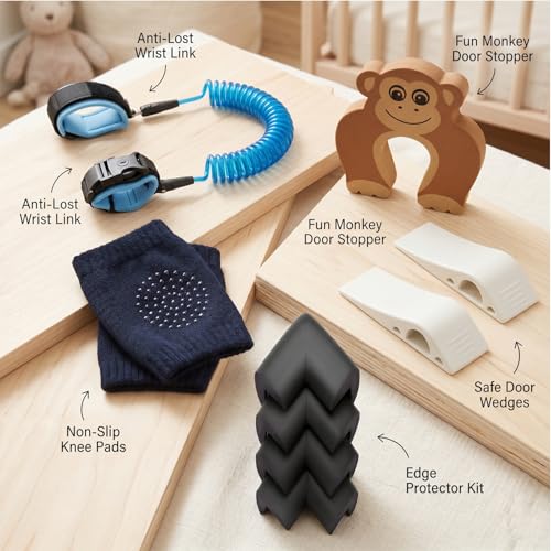 Image of Safe-O-Kid Toddler Safety Kit | 1 Anti-Lost Wrist Link, 1 Finger Pinch Guard, 2 TPR Door Stoppers, 4 Corner Protectors & 1 Pair Anti-Slip Knee Pads | Child Safety Kit for Home & Travel - Assorted