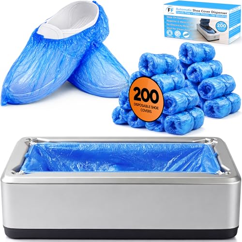 Shoe Cover Dispenser with 200 Pcs Disposable Shoe Covers - Automatic Shoe Cover Machine deal for Home Office Factory & Hospital Floor Protection (Silver)