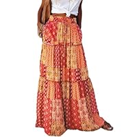 Nguoim Jupe Longue Femme ete Boheme Imprimée Décontracté Jupe Plissée avec Poches Elastique Taille Haute A-Line Plage,ZY38-Jaune 1,XL