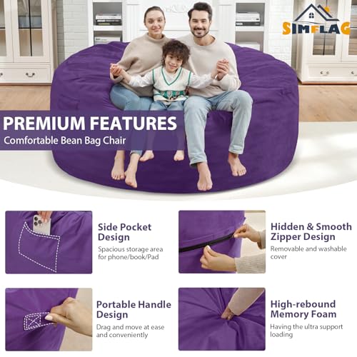 6FT Bean Bag Chair, Large Bean Bag Chairs with Memory Foam Filled, Fluffy Beanbag Sofa with Dutch Velvet Cover, Round BeanBag Chairs for Living Room, Playroom - Purple