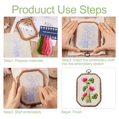 Image of Magibeads 2 Sets Flower Patterns Embroidery Starter Kit for Beginners Hand Embroidery Kit with Embroidery Hoop Floss Fabric Instruction Cross Stitch Kits for Adults Gifts