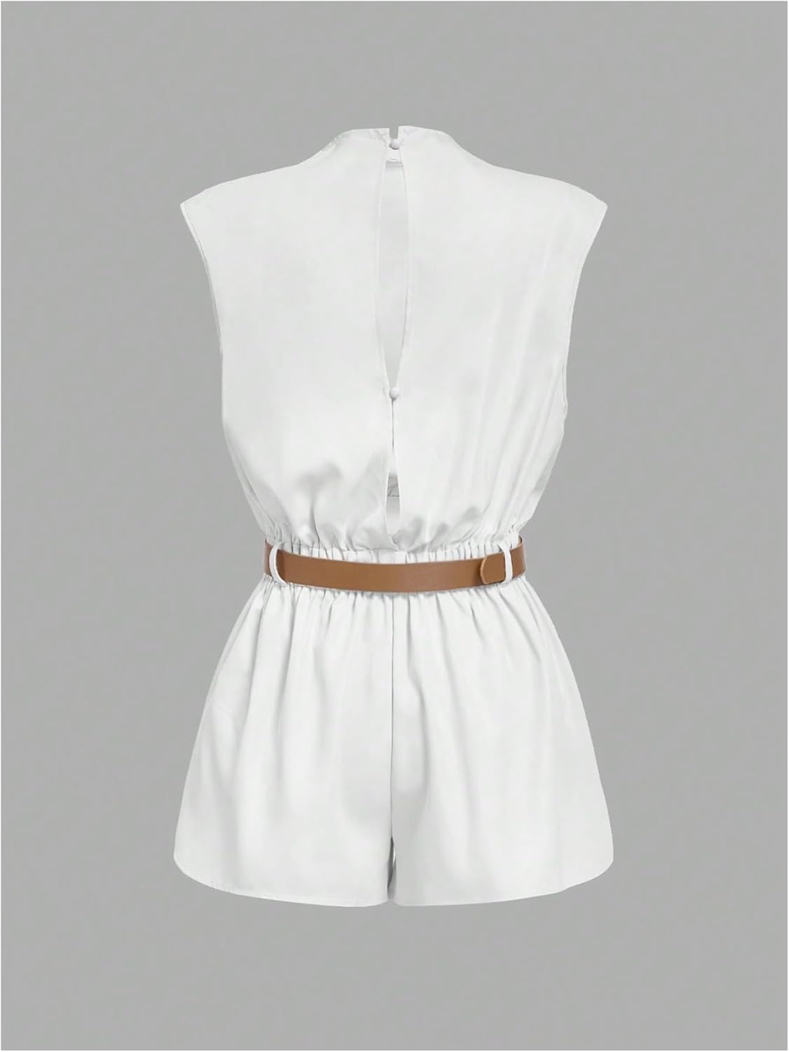 SOLY HUX Women's Summer Ruched Mock Neck Romper Elegant Cap Sleeve Belted Work Short Jumpsuits - Image 2