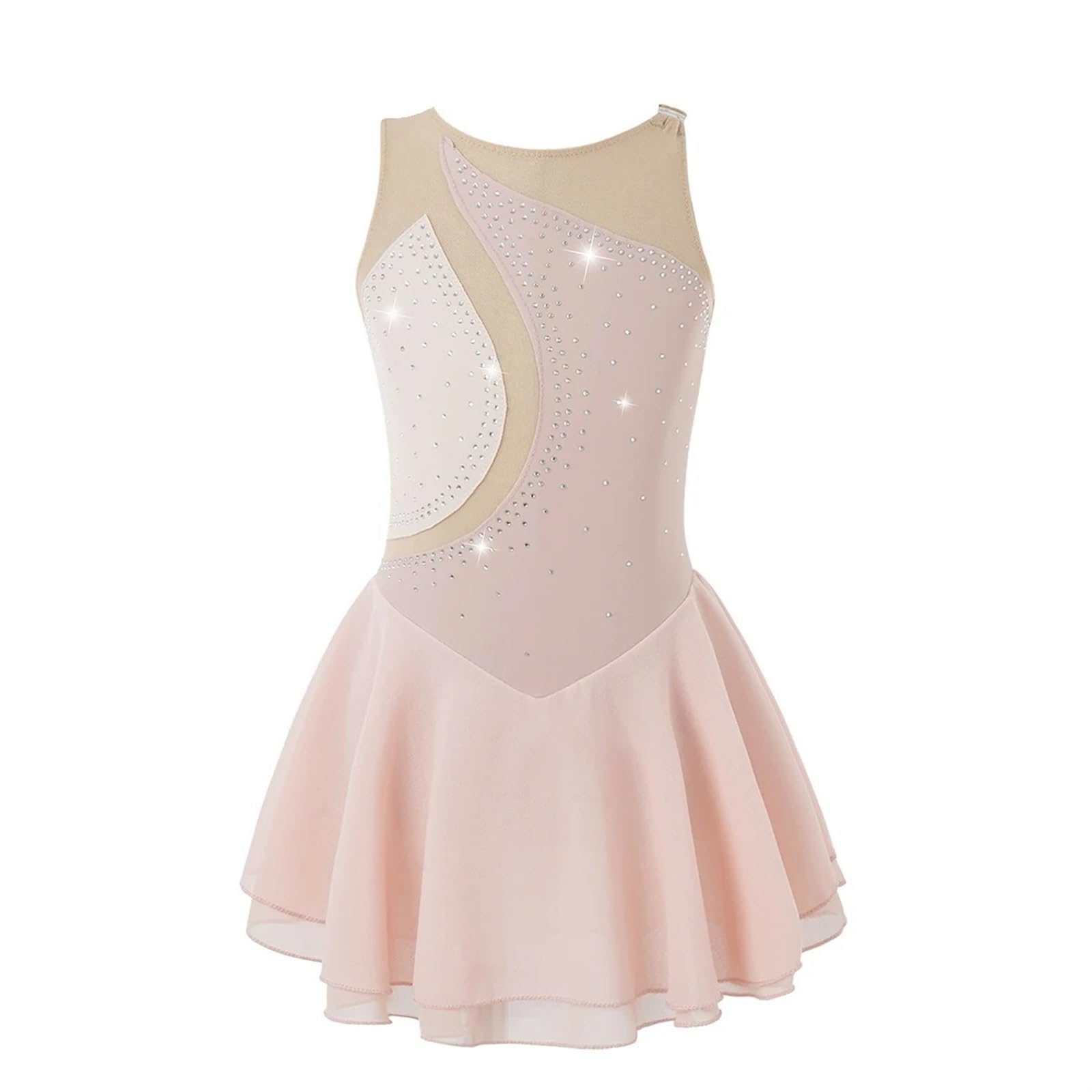 Maillot Gimnasia Ritmica Traje de patinaje artístico for niñas, malla con costura de diamantes de imitación, medias de ballet, danza, gimnasia, tutú, disfraz de actuación en el escenario(Pink B,16)