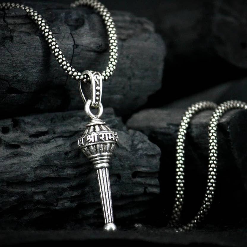 Image of Lord Hanuman Religious Pendant Necklace Locket Set, Stainless Steel, 3 Designs, Gada Hanuman Ji,