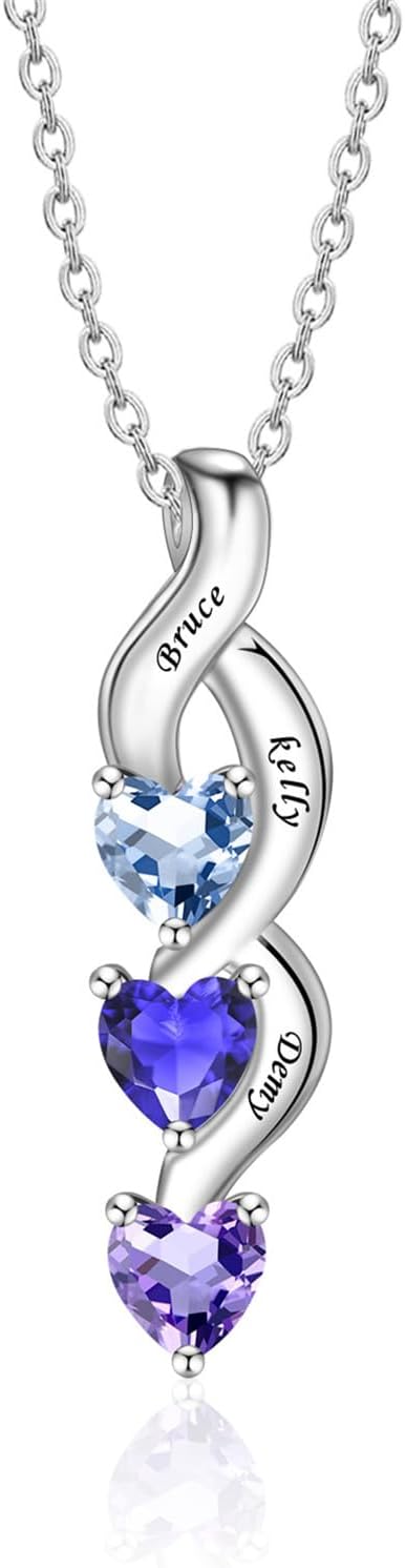 Personalized 1/2 / 3/4 / 5/6 Simulated Birthstone Necklace for Women Engraved 1-6 Name Custom Mothers Necklaces Customized Family Pendant Necklace Jewelry Gifts For Mom Grandma Wife Girls