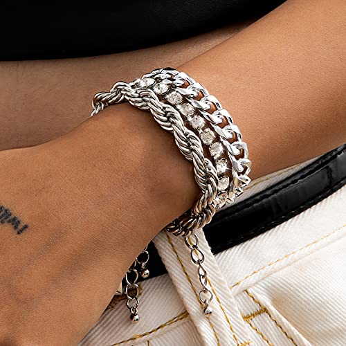 Octwine Fashion Rhinestones Bracelets Sets For Women Gold Silver Layered Chunky Pendant Charms Chain Stackable Wrap Bangle Adjustable Bracelet Jewelry Accessories For Women #TOP2