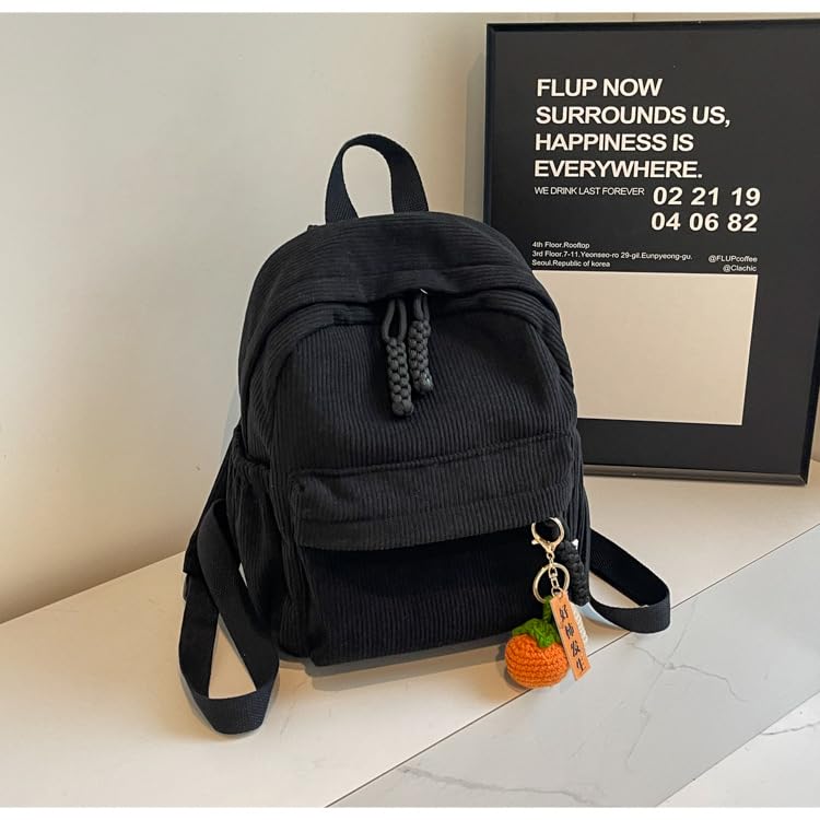HOKMAH Cute Corduroy Backpack for Women, Mini Backpack Fashion Shoulder Bag Trendy Coquette Grunge Aesthetic Purse Backpack (black)