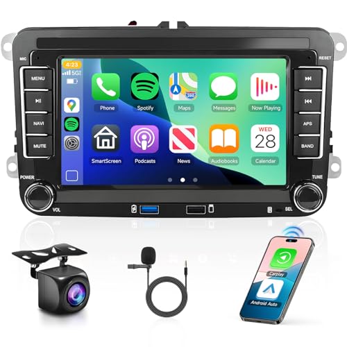 2G+64G Android for VW Jetta Seat Passat Tiguan CC Golf Skoda Double Din Car Stereo with Wireless Carplay/Android Auto 7 Inch HD Touchscreen Head Unit GPS WiFi Bluetooth SWC FM Backup Camera Dual Mic