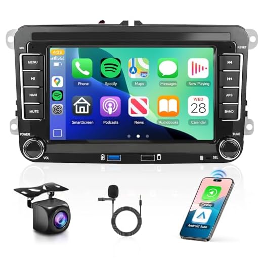 2G+64G Android for VW Jetta Seat Passat Tiguan CC Golf Skoda Double Din Car Stereo with Wireless Carplay/Android Auto 7 Inch HD Touchscreen Head Unit GPS WiFi Bluetooth SWC FM Backup Camera Dual Mic