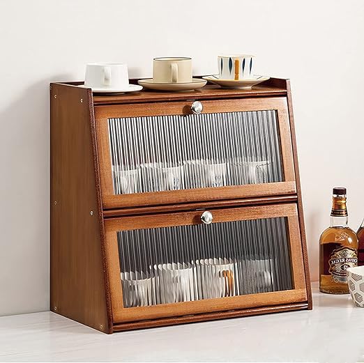 Double deck coffee and tea storage organizer with acrylic cabinet door, bulk tea bar storage organizer, tea bags, coffee capsules, countertop coffee station storage box, coffee accessories organizer