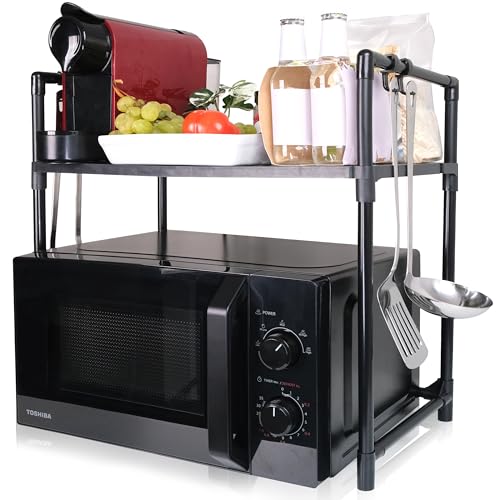 Supporto per Microonde Regolabile – Acciaio al Carbonio Resistente, Piedini Antiscivolo, con Ganci Inclusi – Nero – Facile da Montare con Istruzioni in Italiano – Design Salvaspazio