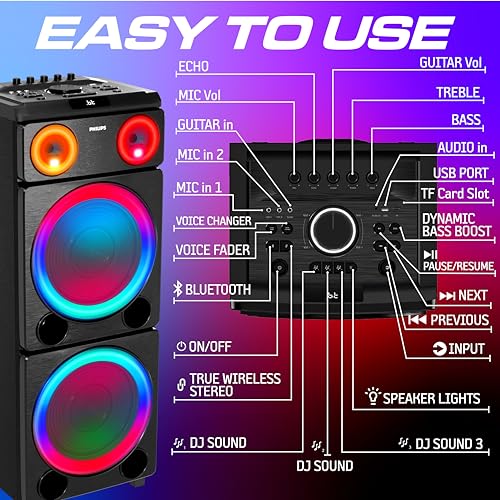 Image of PHILIPS Bluetooth Party Speaker, 260W Powerful Sound with Dynamic Bass Boost, 10 RGB Light Modes, Karaoke Mic & Guitar Inputs, FM Radio, USB /TF /AUX Playback, Portable Handle