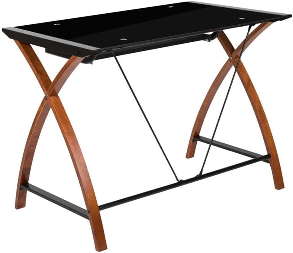 BOWERY HILL Glass Top Computer Desk, Black and Cherry Finish, 35.5 in W x 23.75 in D x 29.75 in H, Tempered Glass Surface, Sliding Keyboard Tray, Crisscross Legs, Compact Workstation for Home or