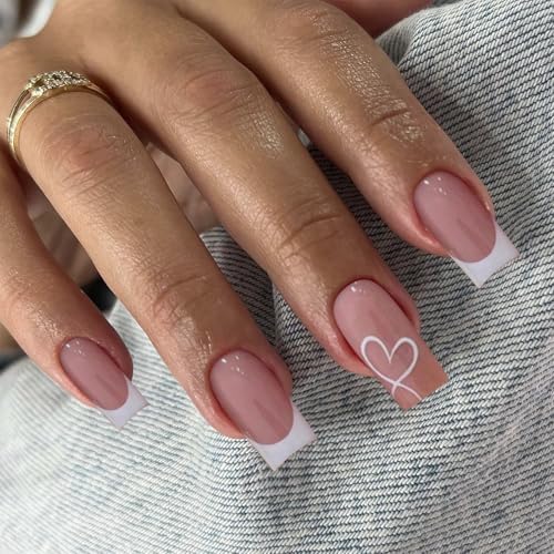 GlamRays 24 Stück French Tip Press-On Nägel - Mittel, Herz Weiß, Französischer Stil, Lang, Square Form, Acryl