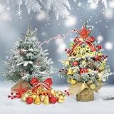 Mini choinka z diodami LED, 45 cm, mała choinka ozdobiona sztucznym śniegiem i ornamentami, mini choinka na Boże Narodzenie (czerwona, srebrna, złota)