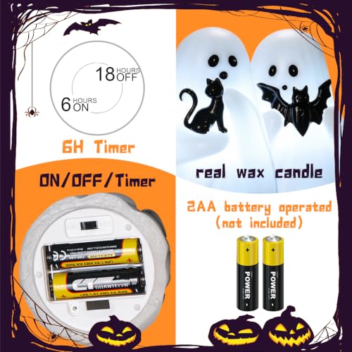 Image of Halloween Ghost Flameless Real Wax Candles Battery Operated with Timer | White, 3D Wick Flickering, 6H Timer, LED Light, Bat & Cat Ghost Halloween Decor & Gift, 3.3 inch x 4.3 inch, 2 pack