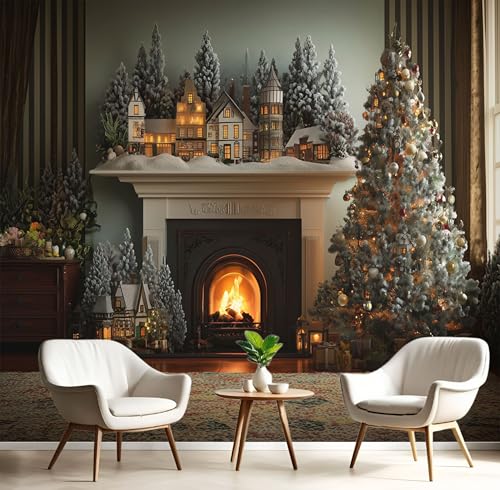 Papel Pintado Pared Chimenea Navideña 98×70cm Papel Tapiz Fotomurales 3D, Árbol Navidad Retro Dormitorio Salón Tv Fondo Pared, Moderna Decora Murales, Multicolor Murales Fotográficos