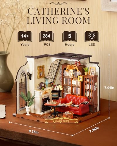 Rolife DIY Miniature House Kit for Adults, Mini Wooden Dollhouse Kit, Tiny House Diorama Building Kits-Birthday Christmas Craft Hobbies Gift for Teens Kids (Catherine\'s Living Room)