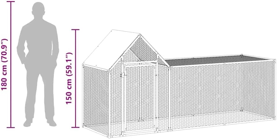 vidaXL Galvanized Steel Chicken Coop - Spacious 9.8'x3.3'x4.9' Poultry House with Water-Resistant Roof, Wire Grid Design and Lockable Door - Silver