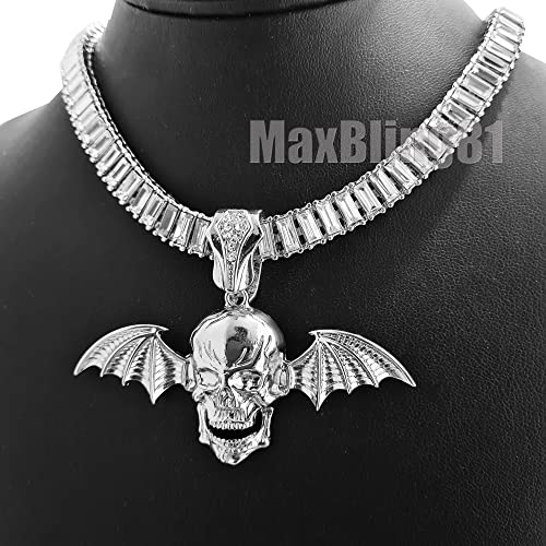 White Gold plated Avenged Sevenfold Skull Flying Bat Wings Charm Pendant & 10mm 18" 20" 24" Iced Baguette Chain Necklace3