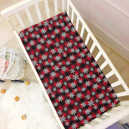 Image of Baby Crib Sheet Snowflakes Buffalo Plaid Crib Mattress for Boys and Girls Playard Sheet Soft Breathable Fitted Baby Mattress Cover 52x28in