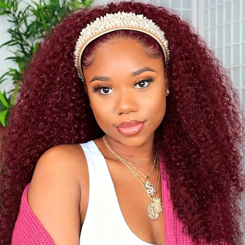 Image of 99J Burgundy Kinky Curly Headband Wig Human Hair 99J Kinky Curly Human Hair Wigs for Black Women 26 Inch Glueless Machine Made Brazilian Curly Headband Wig 150% Density