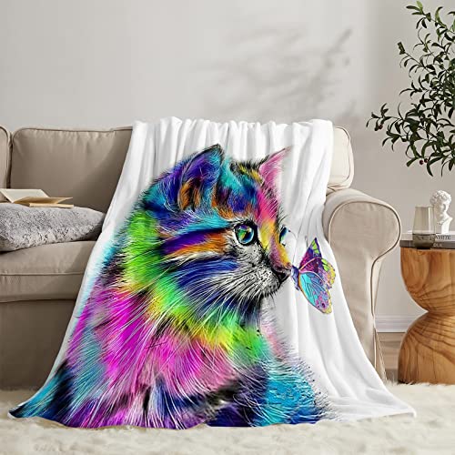 Cat Blanket For Girls Women Colorful Cat With Butterfly Throw Blanket Ultra Soft Cozy Fleece Cute Kitten Blanket For Kids Couch Sofa ​Cat Lover Gifts 50"X60" #TOP1