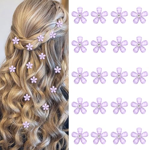 YISSION Light Purple Mini Flower Hair Clips for Women & Girls, 20Pcs Floral Hair Barrettes with Crystal, Elegant Hair Accessories for Wedding Prom Party Daily Hairstyling