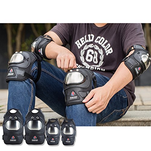 Runworld Adults 4Pcs Kit of Moto Elbow Knee Shin Armor Protect Guard Pads Accessories for Motorcycle Motocross Bike Bicycle Racing Protective Gear (Black/Silver)
