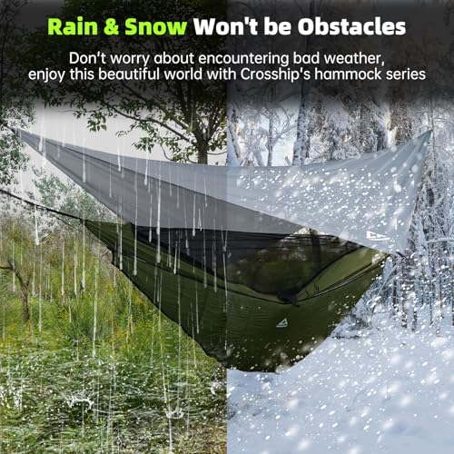 Image of Camping Hammock with Mosquito Net, Underquilt & Rain Fly Tarp - 2 Person Portable Backpacking Hammock Set for Hiking, Backpacking, Travel, Backyard, Beach - Holds Up to 500lbs (Green)
