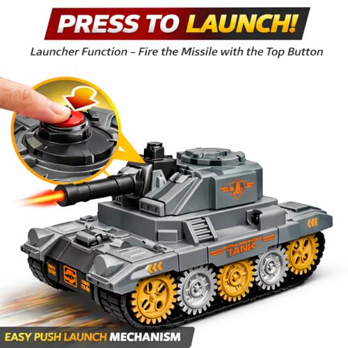 Image of TEC TAVAKKAL Battle Breakers Toy Military Tank for Kids with Mini Tank Launcher, 360 Rotating Turret & Adjustable Cannon | Action Battle Toy Vehicle with Moving Wheels for Kids (Gray)