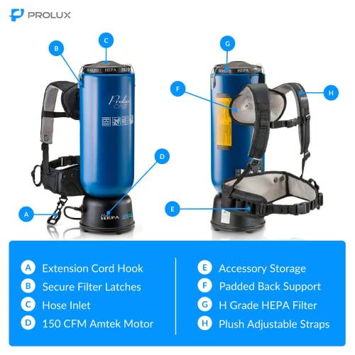 Prolux 10 Quart Commercial Backpack Vacuum With Premium 1.5-Inch Attachments, Hepa Air Filtration, Deep Cleaning For All Floor Surfaces #TOP2