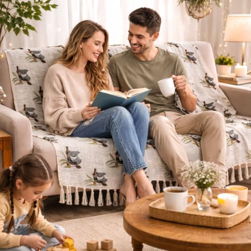 Image of Handblock Printed 100% Cotton 50x70 Inch Sofa Throw for Couch Breathable Lightweight & Decorative Living Room Blanket (Koala with Plant Print)