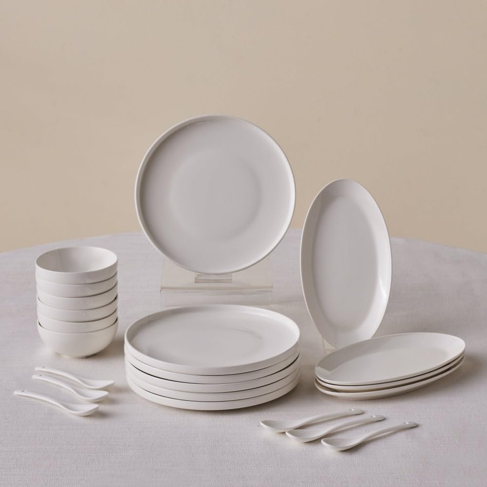 Karaca White Forever Bone China Fika 22-Piece Serveware Set For 6 People, Side Plate, Small Bowl, Serving Platters, Dishwasher Safe,