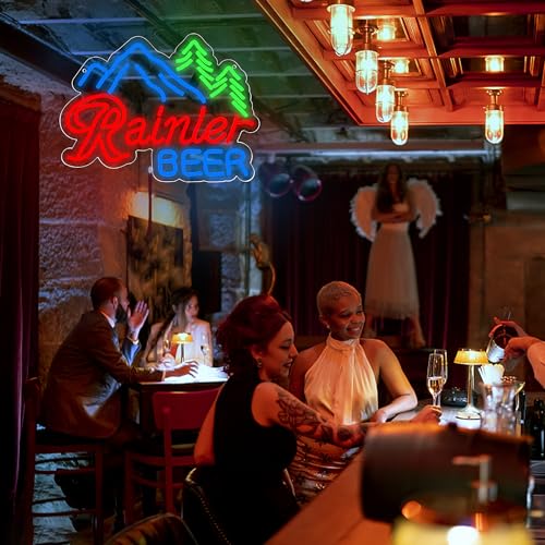 Image of Beer Neon Sign for Wall Decor Bar Led Neon Light Rainiier Beer Light up Sign for Man Cave Led Neon Sign for Bedroom,Bar,Pub,Bistro,Shop,Party,Gifts USB Powered Size16.1 * 11.5in(ZYLD180)