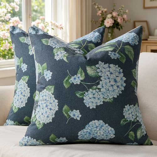 DFXSZ Floral Pillow Covers 18x18 Set of 2 Navy Blue Hydrangea Flower Decor Vintage Floral Block Print Pillow Cover for Spring Summer Outdoor Farmhouse Sofa Bed Cushion Decor TH159B18