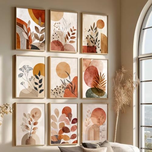 Image of kotart Aesthetic Boho Floral Painting Wall Art Home Decoration | Abstract Floral Aesthetic Paintings With Frame For Living Room Bed Room Hotel Wall Decor Digital Reprint Set of 9 (13X17 inch)