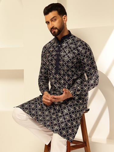 Image of SOJANYA (Since 1958 Men's Cotton Silk Gold Sequins Thread Embroidered Kurta With White Pyjama