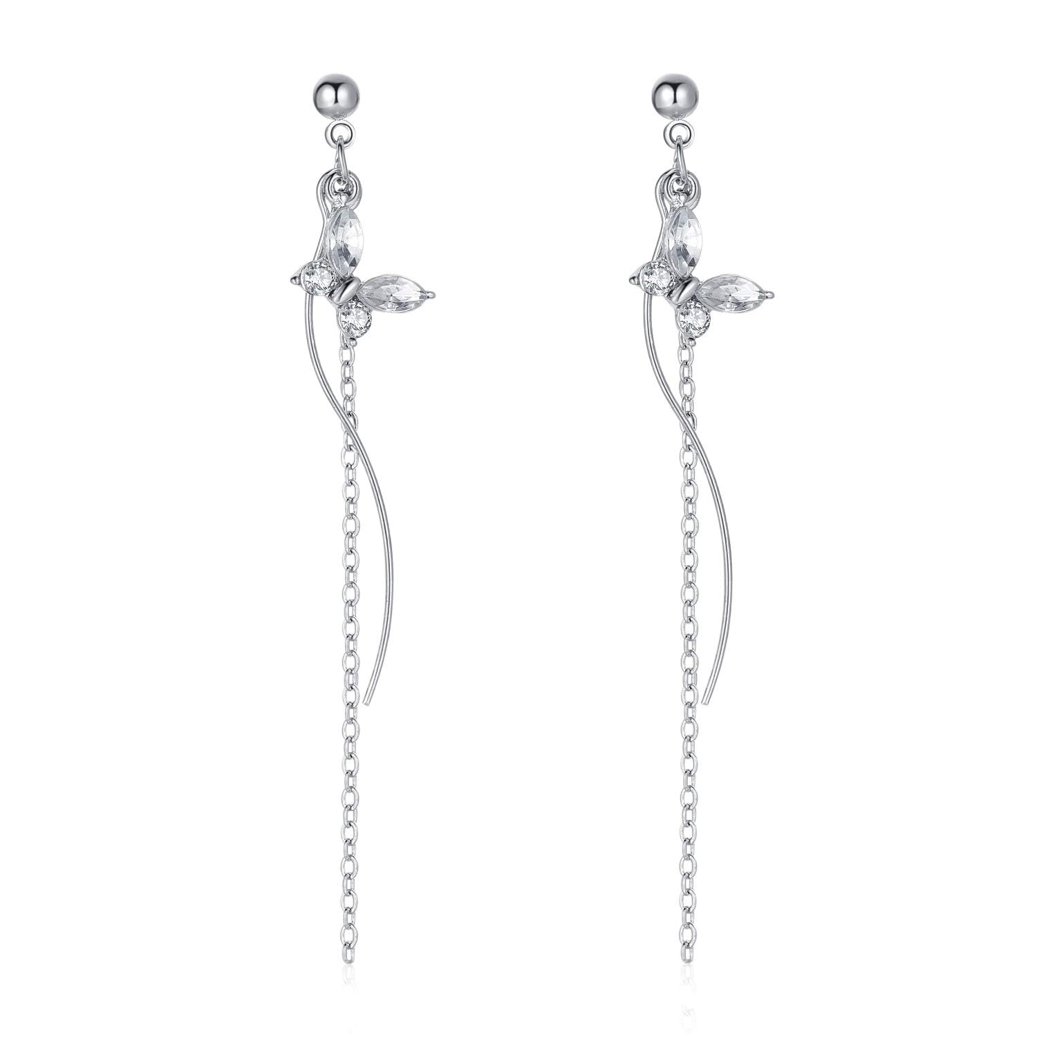 Schmetterling Ohrringe Silber Hängend, Lang Ohrhänger Hängende mit Kette Anhänger, Quasten Tragus Piercing Hängeohrringe Modeschmuck Geschenke für Frauen Mädchen Teenager