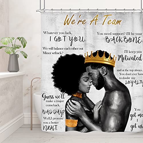 Image of Riyidecor African American Shower Curtain Black King and Queen Afro Romantic Couple Man Woman 60Wx72H Inch Vintage Positive Inspirational Quote Fabric Decor Bathroom Polyester Waterproof Hooks