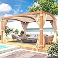 MELLCOM Aluminum Louvered Pergola - 11x13, Adjustable Pitched Roof, Wood Grain Finish with Waterproof Curtains and Nets